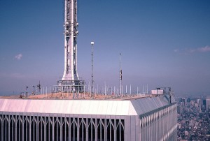 Looking at the North Tower's roof, with other Manhattan skyscrapers looking minuscule in the distance. (bill85704, Flickr Creative Commons)