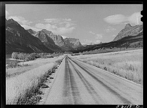 One of the early "named" highways, begun in 1932, was the "Going-to-the-Sun Road" (later part of U.S. 2), which cut through spectacular Glacier National Park in Montana. (Library of Congress)