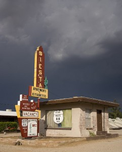 It's a dark day, in more ways thanone, at the Siesta Motel on U.S. Rout 66 in Kingman, Arizona.  America's most famous national highway still has passionate devotees, however.  (Carol M. Highsmith)