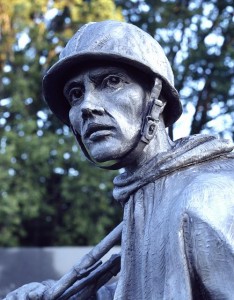 A close look at a rough-hewn stainless-steel soldier.  (Carol M. Highsmith)