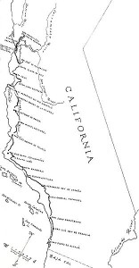 An early map of the 21 Alta California missions.  (Wikipedia Commons)