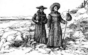 A 1922 sketch of Franciscan missionaries, in their simple cassocks, in California.  (Wikipedia Commons)