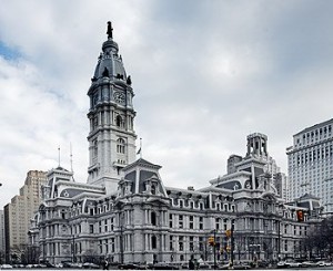 That's Billy Penn (or rather his bronze likeness) atop ornate Philadlephia City Hall.  (Carol M. Highsmith)