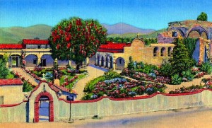 This colorful 1921 postcard depicts the Mission San Juan Capistrano. (Library of Congress)