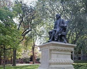 This statue of Benjamin Franklin at the school he founded — the University of Pennsylvania, which, with 23,000 academics and workers, is Philadelphia's largest employer.  (Carol M. Highsmith)