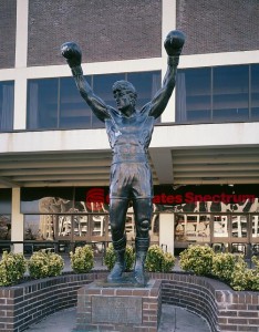 Rocky Balboa, the Philly-based boxer played by Sylvestor Stallone in a series of popular movies, said "Yo" all the time.  This is his statue outside a Philly stadium.  (Carol M. Highsmith)