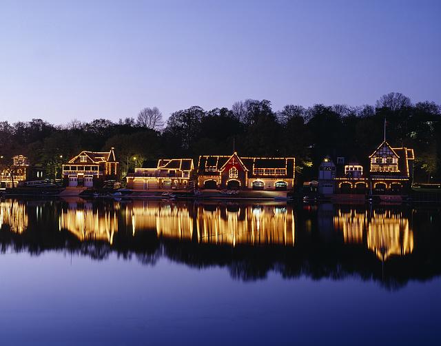 A classic Philadelphia shot: illuminated boathouses, used to store the craft used in team "sculling," along the Schuylkill River, a tributary of the Delaware that runs right through town.  (Carol M. Highsmith)