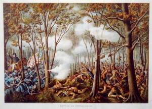 A wilderness battle between U.S. Army and Indian forces.  (Library of Congress)