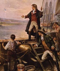 Francis Scott Key watches the bombardment of Fort McHenry in this painting by Percy Moran.  (Library of Congress)