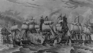 British and American warships fought at close quarters in the Battle of Lake Erie in 1813.  (Library of Congress)