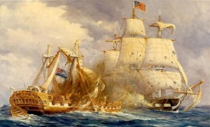 The U.S.S. Constitution pummels the British Guerriere in this painting by Anton Otto Fischer. (U.S. Naval Historical Center)