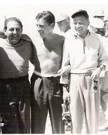 Bandleader Guy Lombardo, who kept a yacht on the Salton Sea, hobnobs with comedian Jerry Lewis and singing hearthrob Frank Sinatra.  (Courtesy, Salton Sea History Museum)