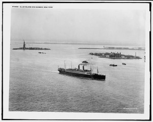 In this photo, taken about 1910, one of many visiting steamships sits off Ellis Island.  (Library of Congress)