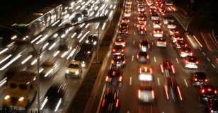 Car light trails are pictured as traffic jam along a main road in Sao Paulo