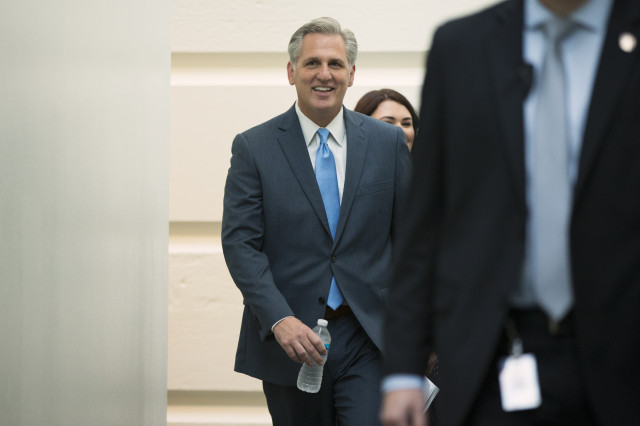 Majority Leader Rep. Kevin McCarthy, R-Calif., arrives for a meeting on Capitol Hill ahead of a nomination vote to replace House Speaker John Boehner, who is stepping down, and retiring from Congress on Oct. 8, 2015. (AP)