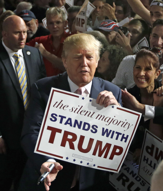 Republican presidential candidate Donald Trump shows media photographers a sign during a campaign stop on Oct. 23, 2015 in Doral, Fla. (AP)