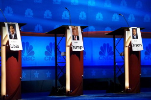 The podiums for (L to R) Marco Rubio, Donald Trump and Ben Carson are lined up for the third Republican presidential candidate debate in  Colorado on Oct. 27, 2015. (Reutters)