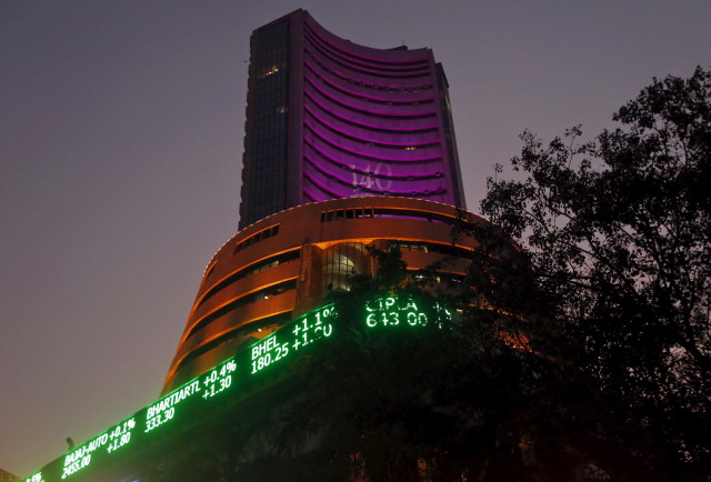 The Bombay Stock Exchange (BSE) building is illuminated during a special "muhurat" trading session for Diwali, the festival of lights, in Mumbai, India, November 11, 2015. (Reuters)