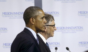 President Barack Obama stands with Bill Gates during the launch of Mission Innovation, a landmark commitment to dramatically accelerate global clean energy innovation, at the World Climate Change Conference 2015 in Paris on Nov. 30, 2015. (Reuters)