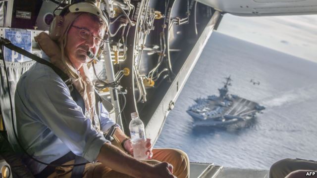 Secretary of Defense Ashton Carter flies in a V-22 Osprey after visiting the aircraft carrier USS Theodore Roosevelt, Nov. 5, 2015. (Dept of Defense Photo)