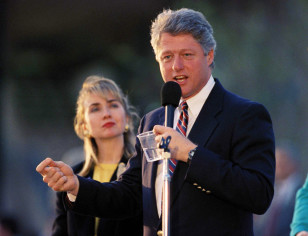 Then Arkansas governor and Democratic presidential candidate Bill Clinton and wife Hillary Clinton campaign outside the Tampa March 9, 1992. (AP file)