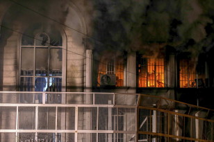 Flames and smoke rise from Saudi Arabia's embassy during a demonstration in Tehran on Jan. 2, 2016.  (Reuters)
