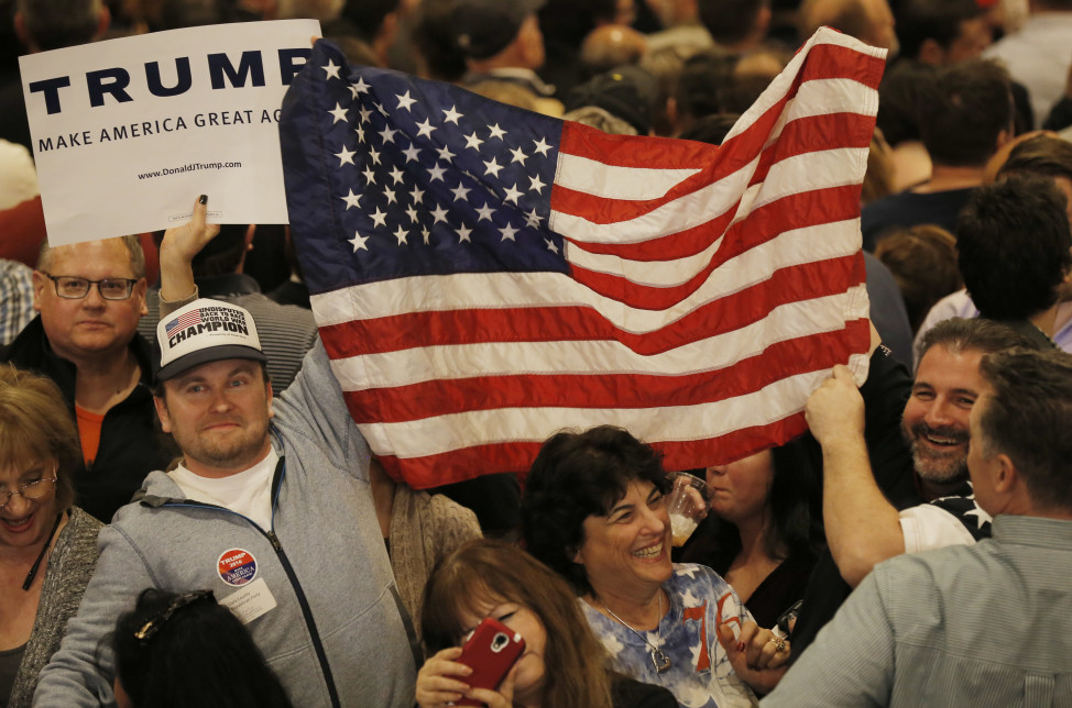 Supporters of Republican presidential candidate Donald Trump celebrate after Trump was declared the winner of the Nevada Republican caucuses by the television networks, at his Nevada caucus night rally in Las Vegas, NV, Feb. 23, 2016. REUTERS