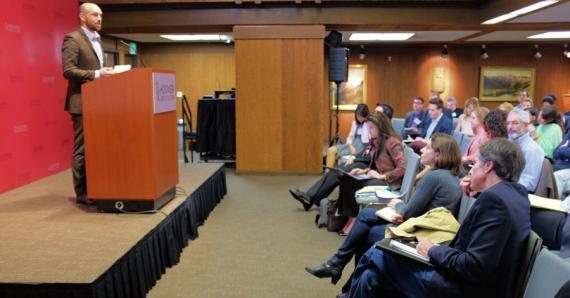 Deputy Secretary Blinken listen to presentations at the end of the workshop on refugee education technology at Stanford University in Jan. 2016. (photo courtesy of the State Department)