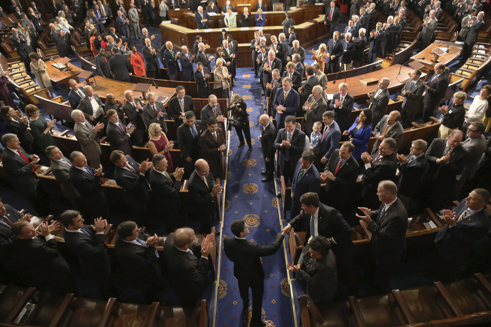 Rep. Paul Ryan, R-Wis. is greeted as he walks into the House Chamber on Capitol Hill in Washington on Oct. 29, 2015. (AP)