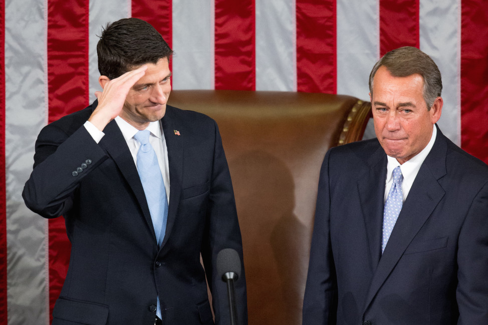 House Speaker John Boehner stands with his successor Rep. Paul Ryan, R-Wis., left, Capitol Hill in Washington on Oct. 29, 2015. (AP)