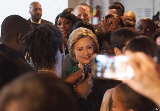 Democratic presidential candidate Hillary Clinton exits after speaking at New Greater Bethel Ministries during a campaign stop,in New York, April 10, 2016.