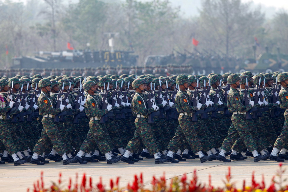 Soldiers parade to mark the 70th anniversary of Armed Forces Day in the Burmese capital Naypyitaw on March 27, 2015. (Reuters)