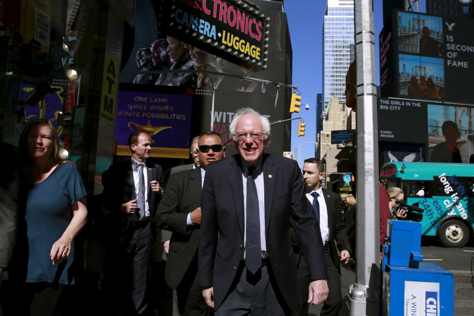 Democratic presidential candidate Bernie Sanders greets pedestrians in Times Square in Manhattan, New York on April 19, 2016.  (Reuters)