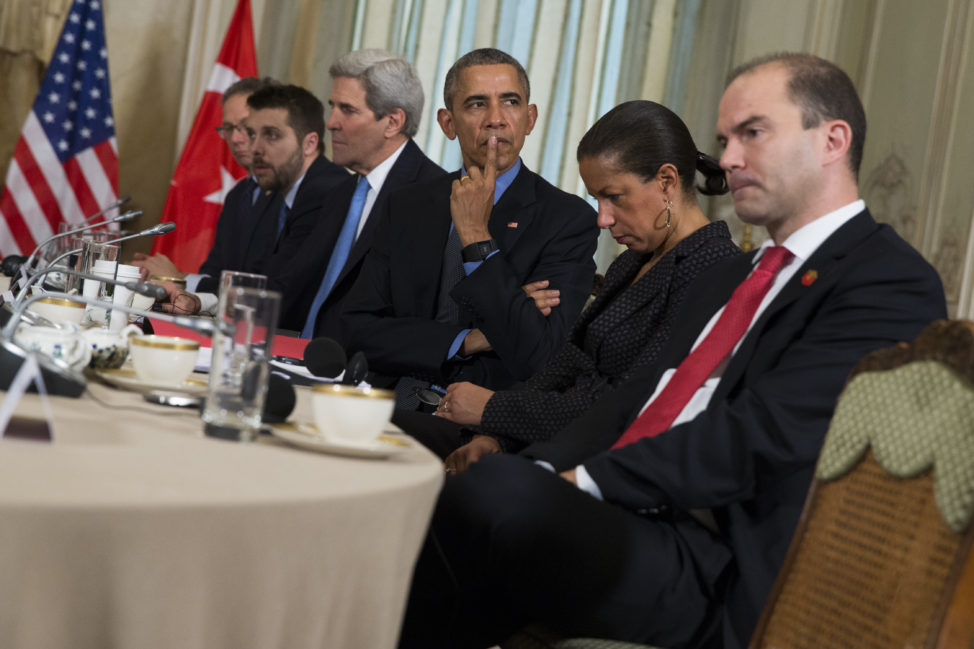 President Barack Obama, third from right, listens during a bilateral meeting with Turkish President Recep Tayyip Erdogan, in Paris, on Tuesday, Dec. 1, 2015. The leaders discussed the continuing crisis in Syria, and the fight against the Islamic State group. From left, Charles Kupchan, Senior Director for European Affairs, Brian Deese, Senior Advisor, Secretary of State John Kerry, Obama, Susan Rice, National Security Advisor, and Ben Rhodes, Deputy National Security Advisor. (AP)