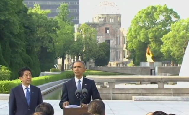 U.S. President Barack Obama and Japanese Prime Minister Shinzo Abe deliver comments at the Hiroshima Peace Park May 27, 2016. Obama is the first U.S. president to visit Hiroshima or Nagasaki since an atomic bomb was dropped on those cities in August 1945. (TV pool screen grab)