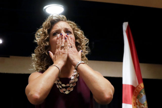 DNC Chairwoman, Debbie Wasserman Schultz, D-Fla., greeted the Florida delegation at a breakfast, Monday, July 25, 2016, in Philadelphia, during the first day of the Democratic National Convention. She has resigned amid a controversy over the hacking and subsequent leaking of emails embarrassing to the DNC.   (AP)