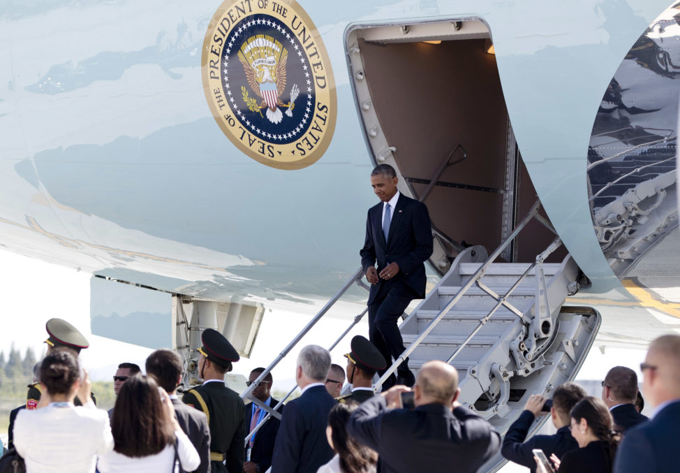 President Barack Obama arrives on Air Force One at Hangzhou Xiaoshan International Airport in Hangzhou in eastern China's Zhejiang province, Saturday, Sept. 3, 2016. Some perceived it as a slight to Obama that airplane stairs and a red carpet were not made available for the U.S. president. (AP) 