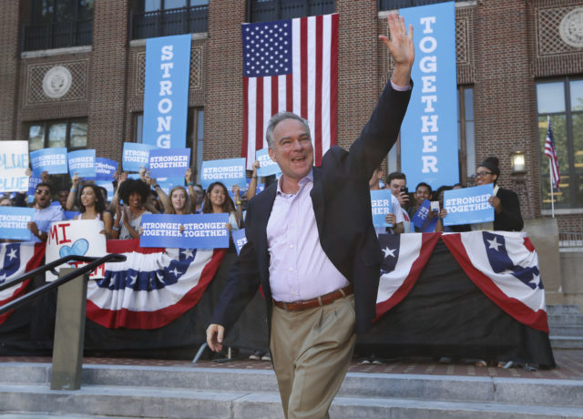 Democratic vice presidential candidate, Sen. Tim Kaine, D-Va. waves as he arrives for a campaign rally at the University of Michigan in Ann Arbor, Mich., Tuesday, Sept. 13, 2016. (AP Photo/Paul Sancya)