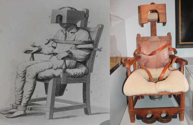 The tranquilizer chair (right) was recreated from an 1811 drawing. 