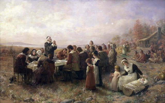 The first joint Thanksgiving as envisioned by artist  Jennie Augusta Brownscombe (1850-1936), "The First Thanksgiving" (1914), oil on canvas, Pilgrim Hall Museum, Plymouth, Massachusetts. 