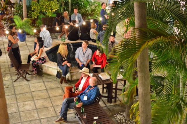 Courtyard of the Aqua Hotel, opening night of the Aqua exhibition, South Beach, Florida, Dec. 2014. (Elizabeth Pfotzer/VOA)