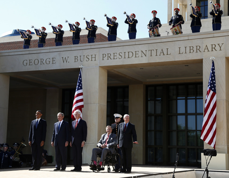 The dedication of the George W. Bush presidential library on the campus of Southern Methodist University in Dallas, Texas. President Barack Obama stands with former presidents, from second from left, George W. Bush, Bill Clinton, George H.W. Bush, and Jimmy Carter. (AP Photo)