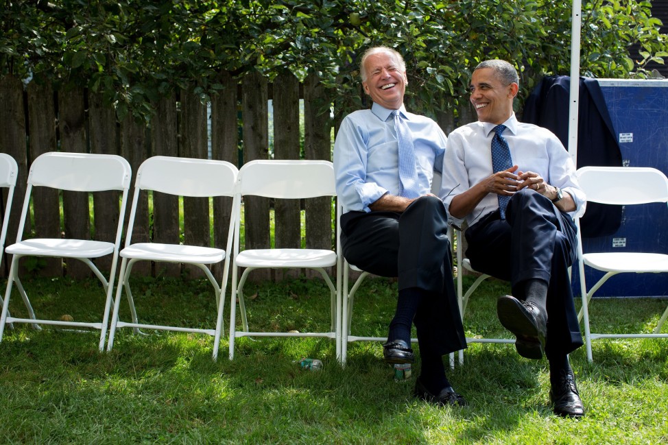 New Hampshire, Sept. 7, 2012. Joking with the Vice President Joe Biden before a campaign rally in Portsmouth. (Official White House Photo by Pete Souza)