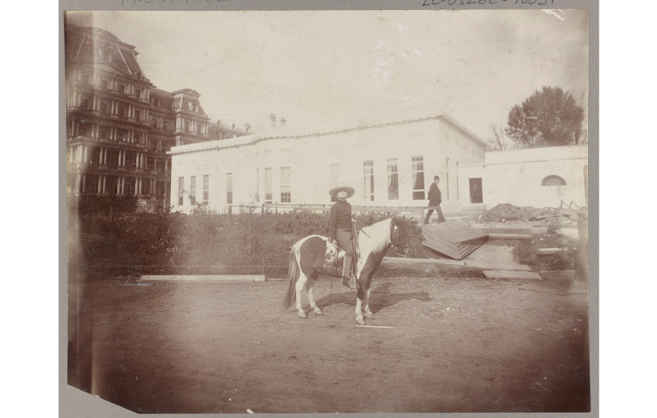 Teddy Roosevelt's son, Archie, on his calico Shetland pony, Algonquin, in front of the new White House offices, circa 1903. (Library of Congress)