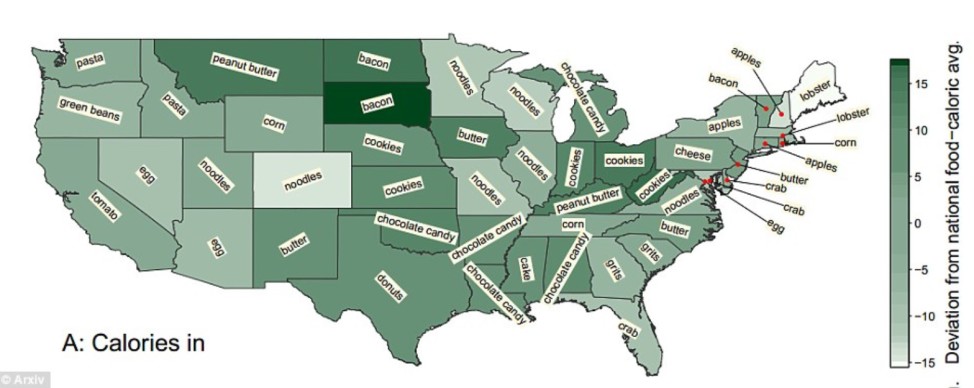 University of Arizona researchers analyzed Twitter feeds to map each state's preferred food (above) and activity (below).