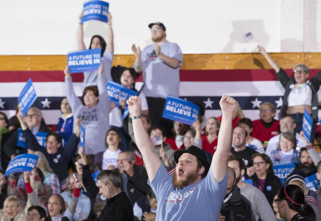 Supporters cheer after Democratic presidential candidate Sen. Bernie Sanders is announced the winner of the New Hampshire primary, Feb. 9, 2016, in Concord, N.H. (AP Photo)