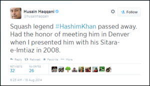 Hussain Haqqani Tweet on Hashim Khan
