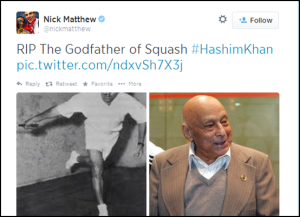 Nick Matthew Tweet on Hashim Khan