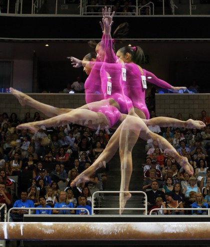 U.S. gymnast Sabrina Vega competes on the balance beam in this multiple exposure photograph at the U.S. Olympic gymnastics trials in San Jose, California June 29, 2012. (Reuters)