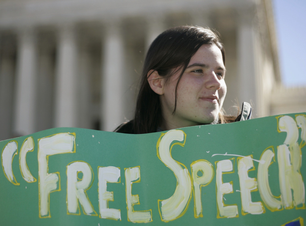 A student participates in a free-speech rally outside the Supreme Court in Washington March 19, 2007. The U.S. Supreme Court considers on Monday its first major dispute on student free-speech rights in nearly 20 years, a case about the power of school authorities to censor what they viewed as a pro-drug message at a school-sponsored event.  REUTERS/Molly Riley   